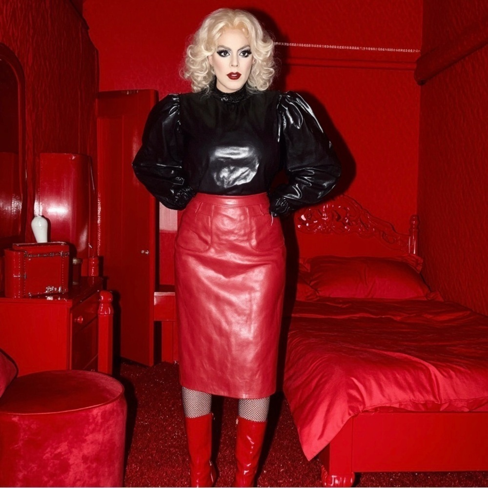 Red Large Slight stretch vegan leather pencil skirt Sexy Sissy CD TS TV Drag